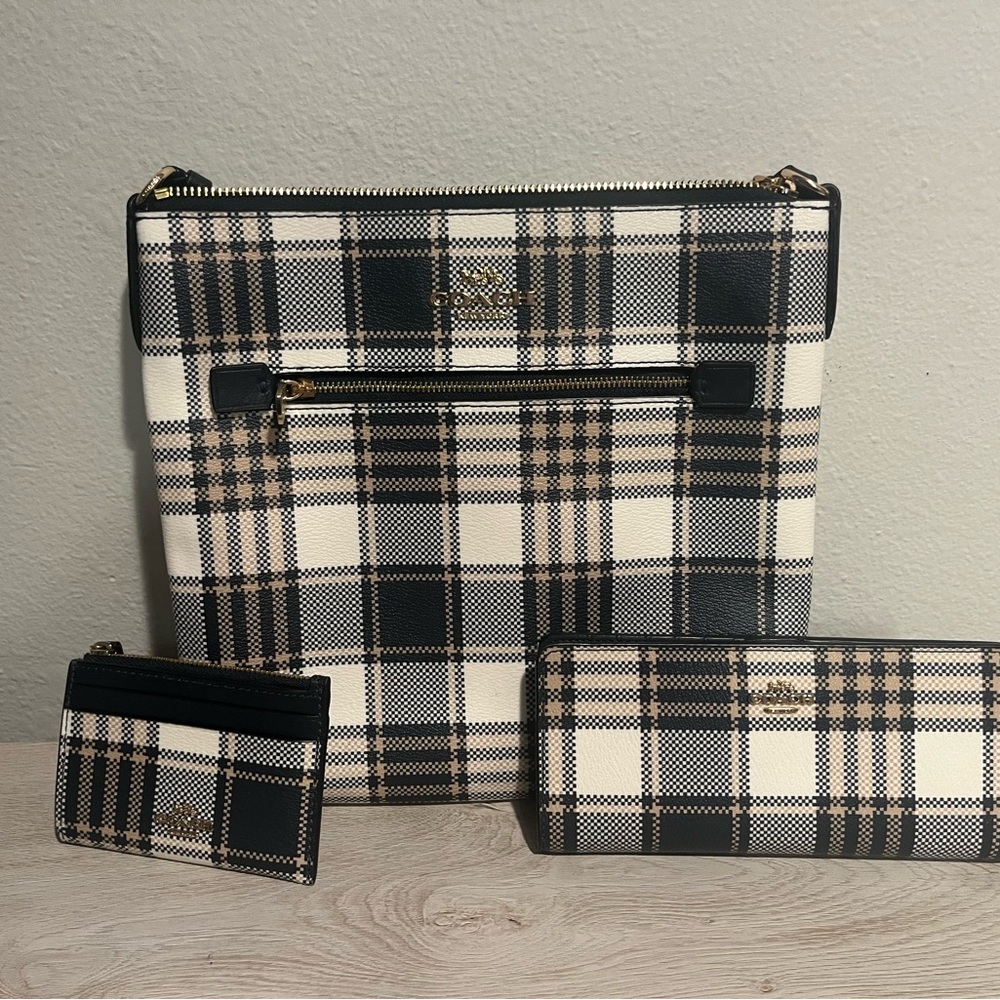 NEW 3 piece Midnight/Tan Plaid matching Coach set!